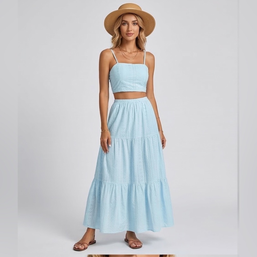Boho Eyelet Embroidered Two-Piece Maxi Set Blue